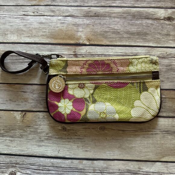 Spartina 448 - Multicolor Linen Wristlet  Leather Accents Green Pink - Picture 1 of 5